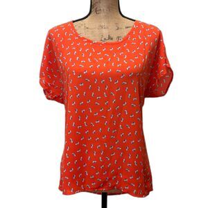 Pleione Red‎ Orange Blouse Retro High Heel Kitsch Novelty Print Feminine Size XS